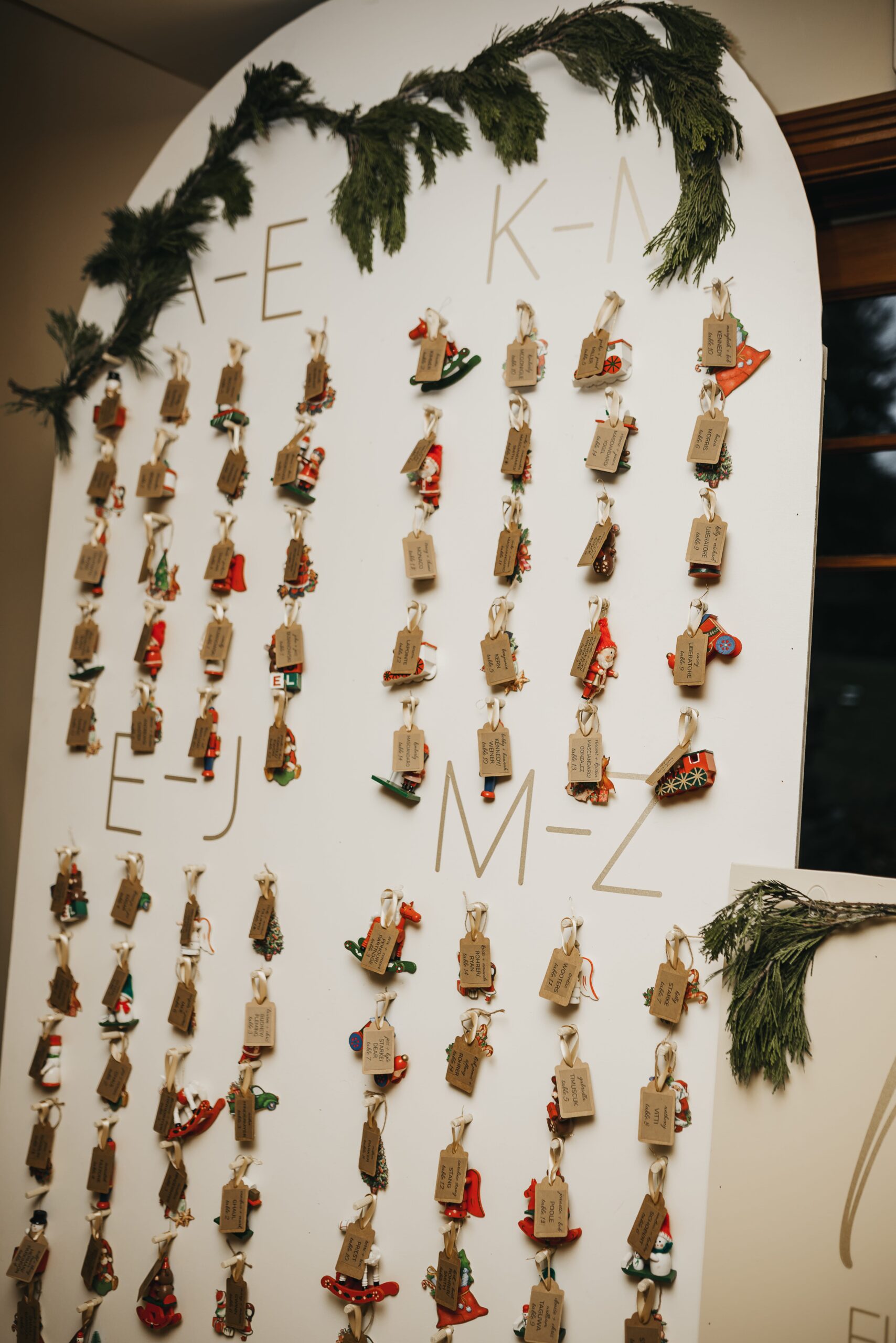 A fun Christmas seating chart at a wedding