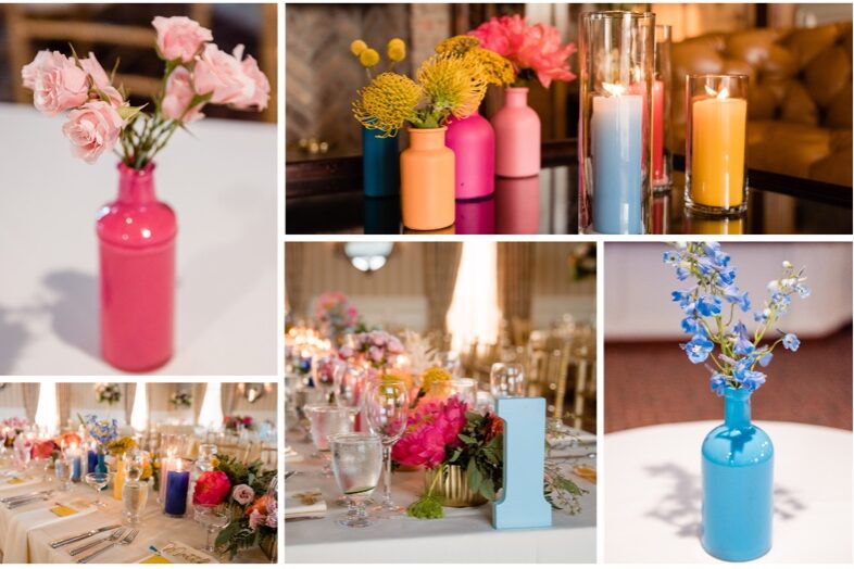 This couple chose colorful candles, hand-painted the vases and spray-painted the table numbers to achieve the multi-colored centerpieces they were hoping for.