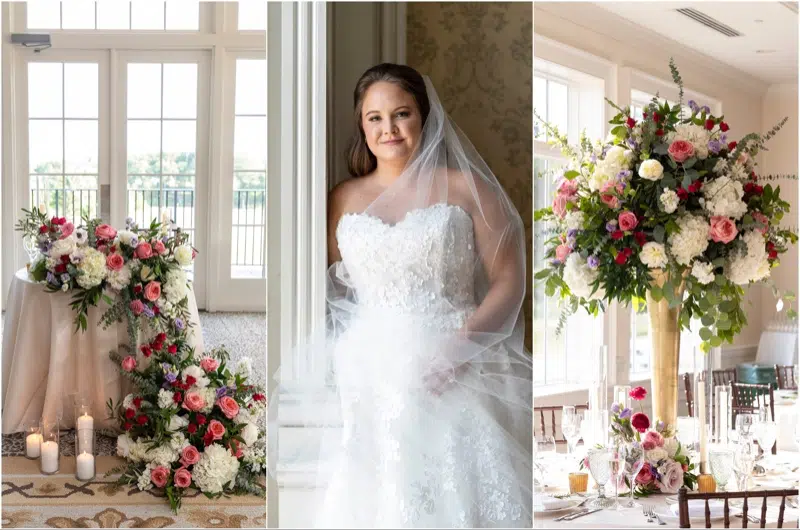 The bride, center, opted for an NJ wedding planner for her Hamilton Farm Golf Club wedding. Left, the overflowing florals on her sweetheart table. Right, the tall flower centerpieces at her reception.