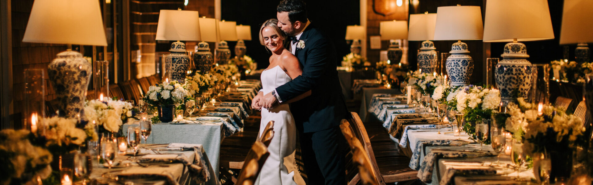 A Cozy November Wedding with Blue and White Accents, Like Lamp Centerpieces