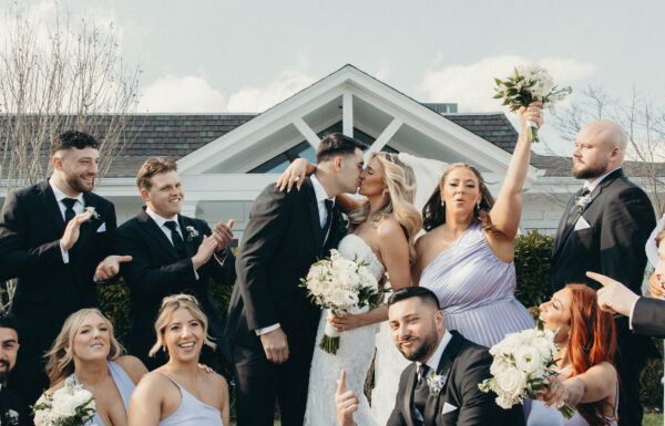 A Coastal Elegant Lavender Wedding With Custom Trucker Hats, & Their Dog on the Drink Toppers at Crystal Point Yacht Club