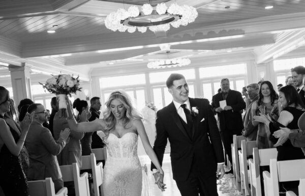 A Coastal Elegant Lavender Wedding With Custom Trucker Hats, & Their Dog on the Drink Toppers at Crystal Point Yacht Club