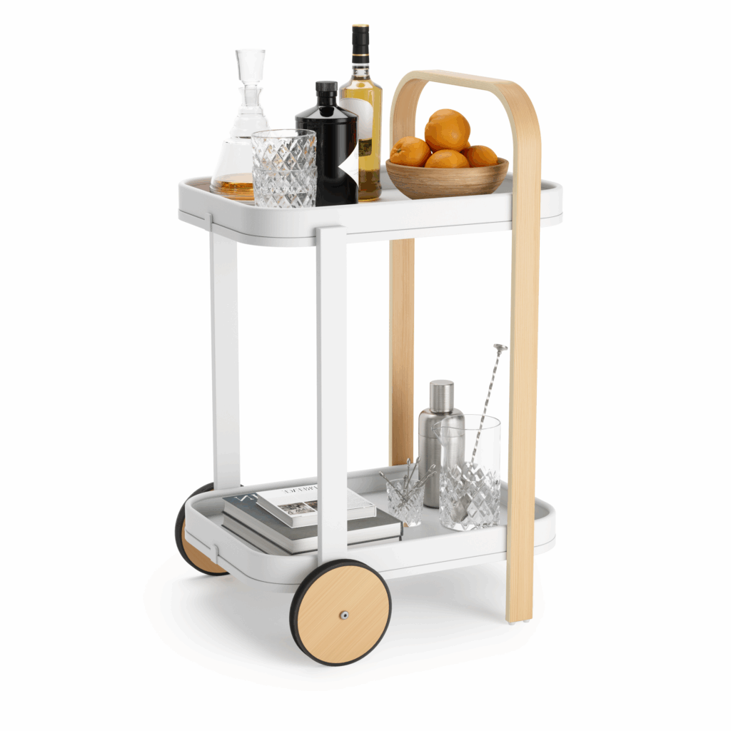 Umbra wheeled bar and storage cart in black, a sleek wedding registry idea for entertaining at home

