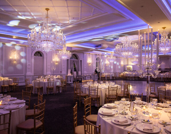 Elegant ballroom reception setup at The Rockleigh, a luxury wedding venue in Bergen County, NJ