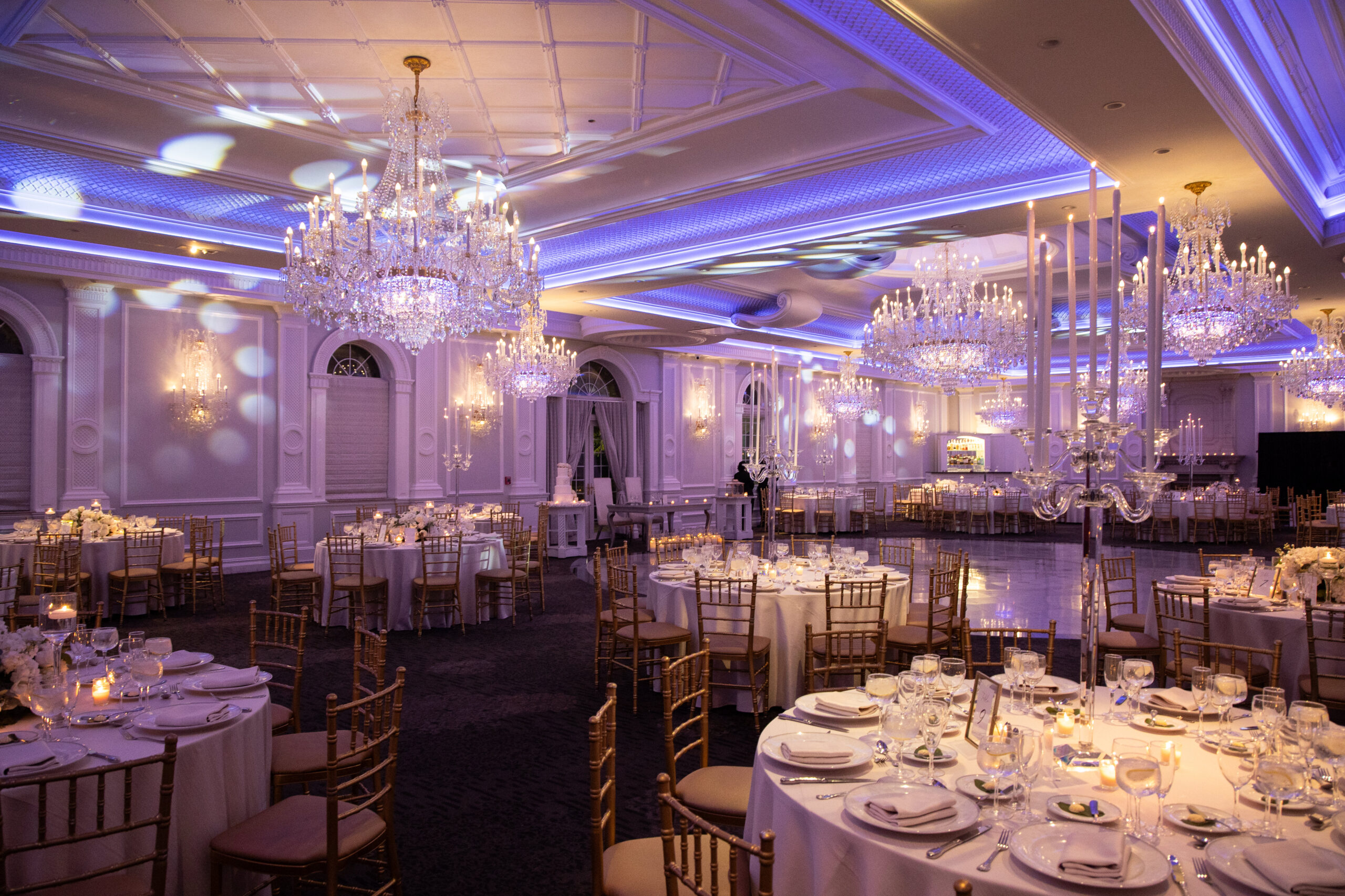 Elegant ballroom reception setup at The Rockleigh, a luxury wedding venue in Bergen County, NJ