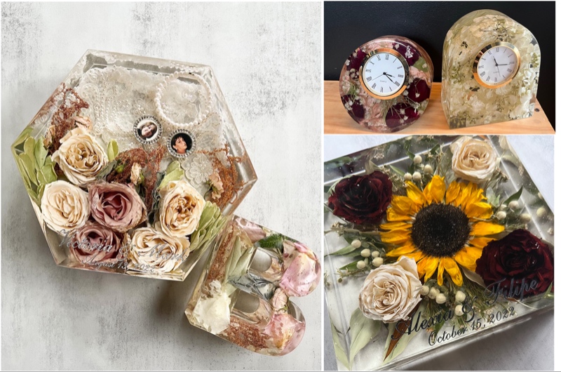 Flohral Preservation offers floral preservation in New Jersey. Here, various resin blocks with flowers and two resin clocks with flowers. 