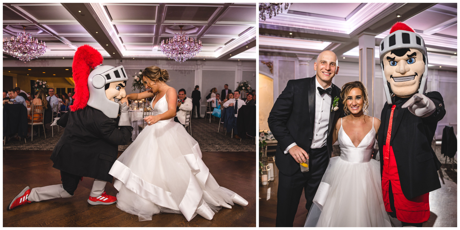 In a two-photo collage, in the left photo the bride dances with the Rutgers University Knights mascot on her dance floor. In the right photo, the bride and groom pose with the Rutgers Knight mascot.