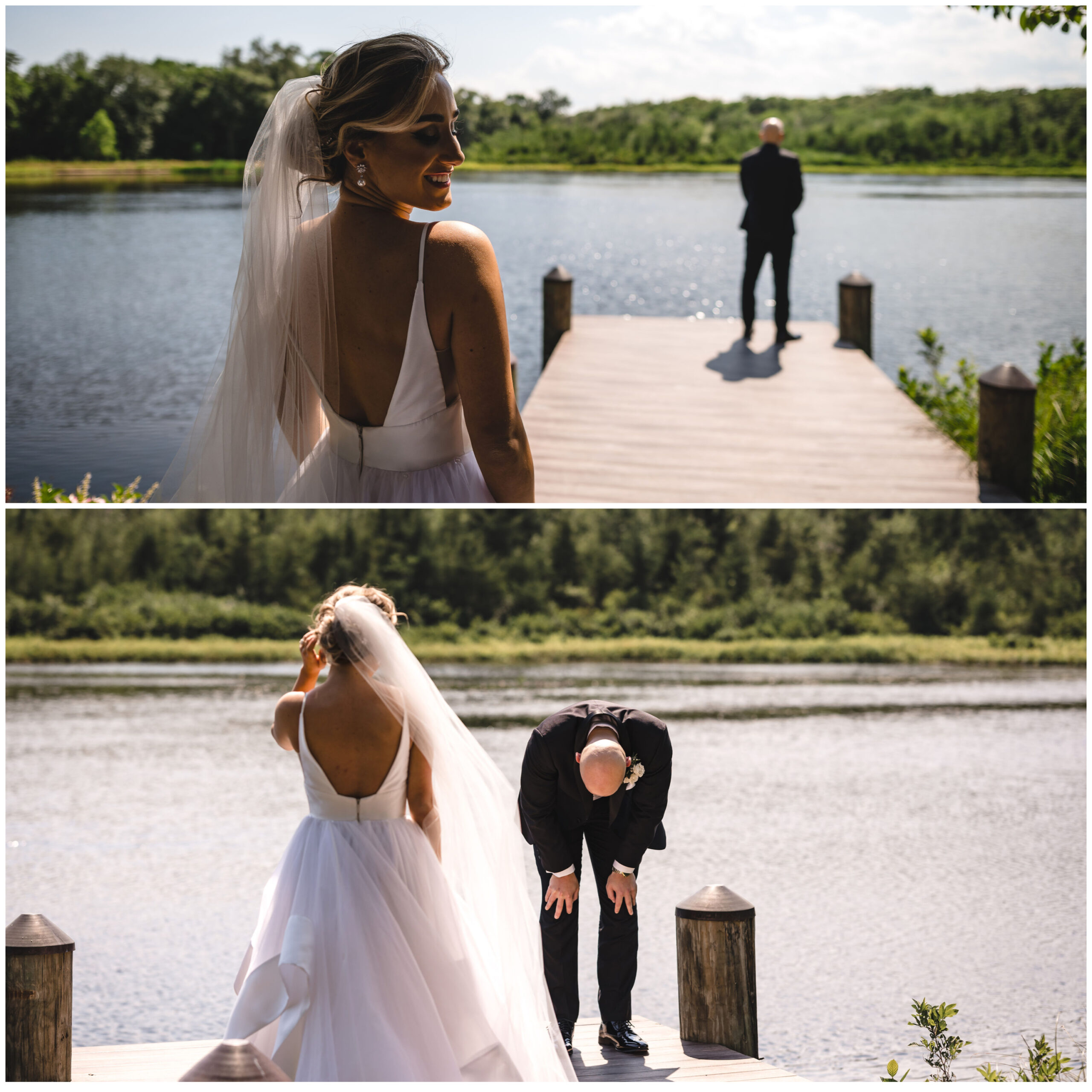 A two-photo collage of a couple's first look on a dock with a lake in the background.