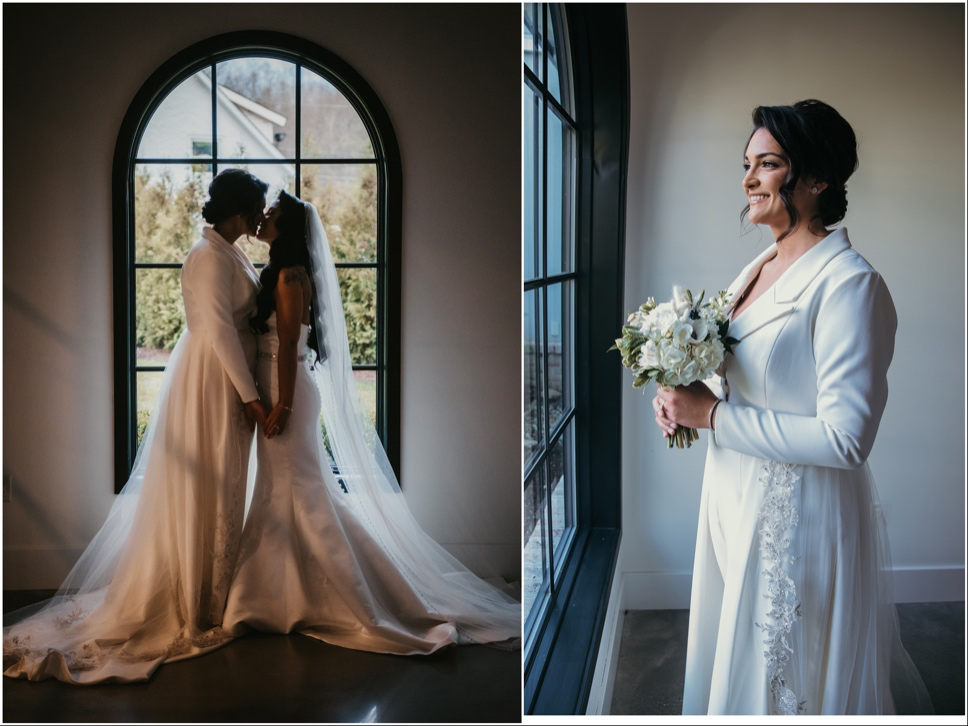 Left, the brides share a kiss. Right, one bride stands by the window in her white jumpsuit ahead of their Perona Farms wedding.