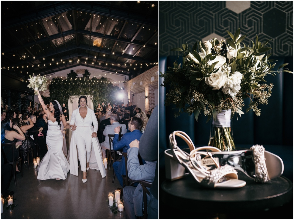 Left, the brides smile and cheer as they exit the ceremony space with a glass ceiling at their Perona Farms wedding. Right, detail shot of the brides shoes and bouquet before her Perona Farms wedding.