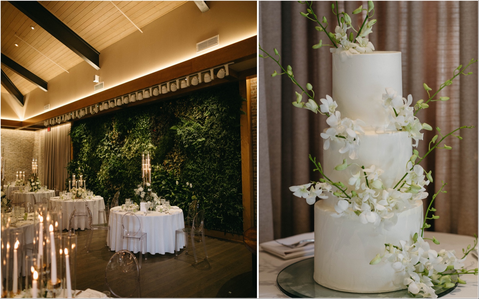 Left, the live wall featuring real plants in the background of the ballroom. Right, the white wedding cake with green and white flowers.