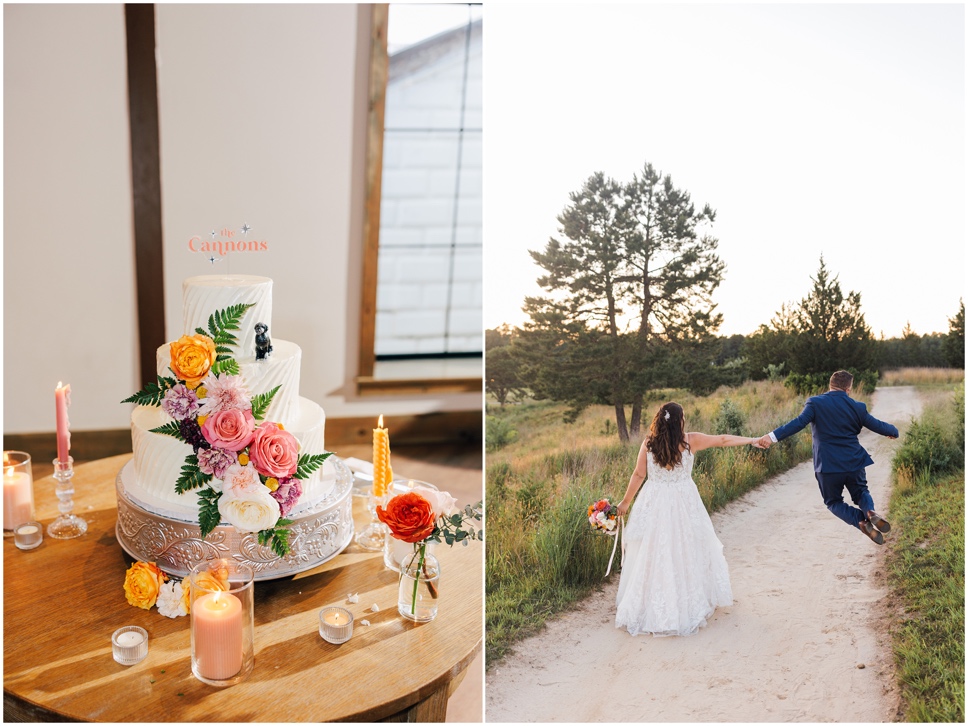Left, their white wedding cake is adorned with colorful flowers at this Renault Winery wedding. Right, the couple holds hands and the groom jumps and click his heels together at their Renault Winery wedding.