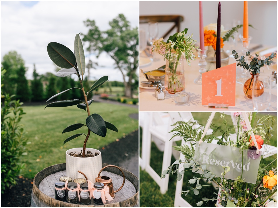 Left, a plant that the couple watered together during their ceremony at their Renault Winery wedding. Right, a closeup of the centerpieces and colorful table numbers that the bride created at this Renault Winery wedding.