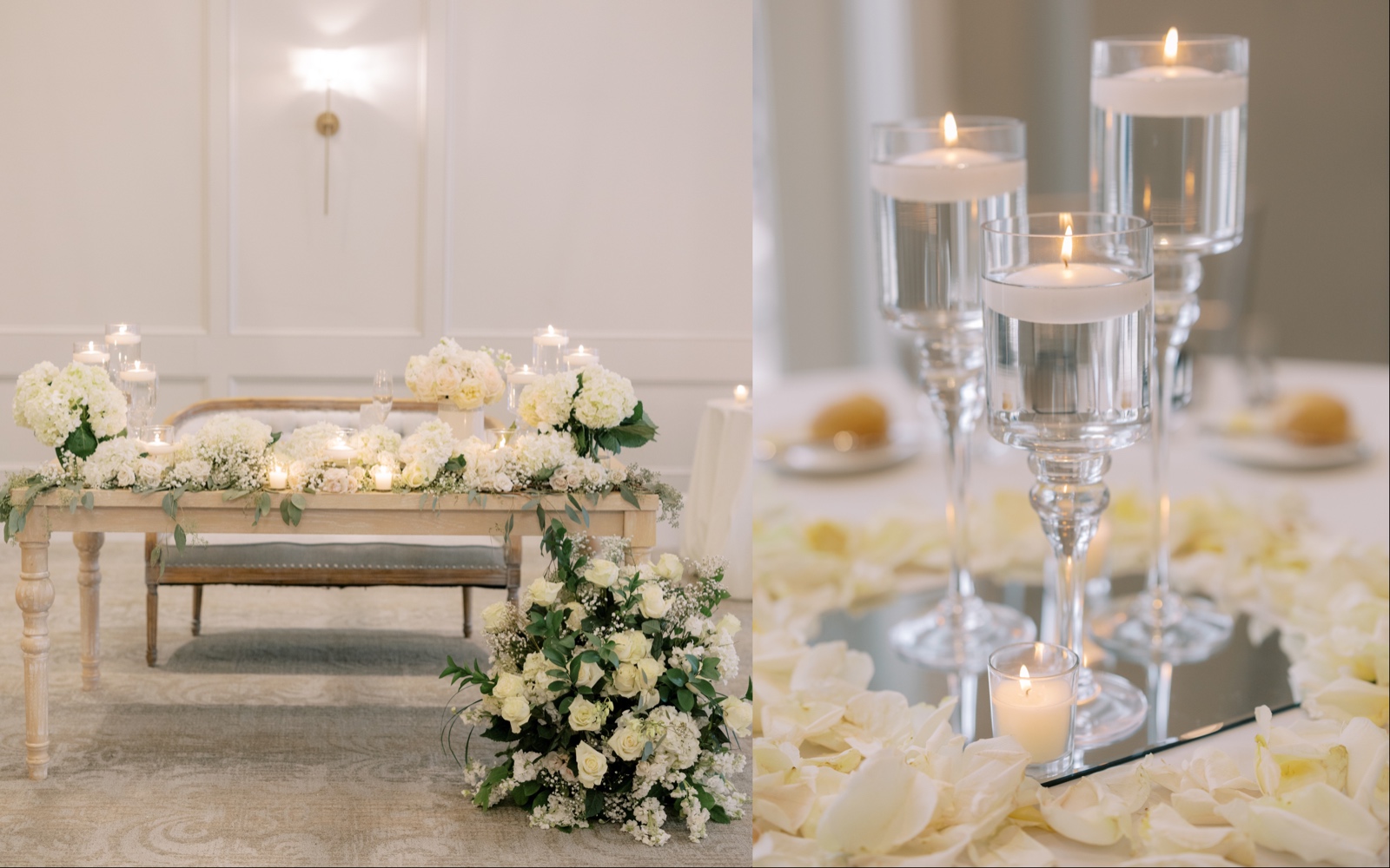 Left, the sweetheart table decorated with white roses and greenery. Right, a closeup of floating candle centerpieces.