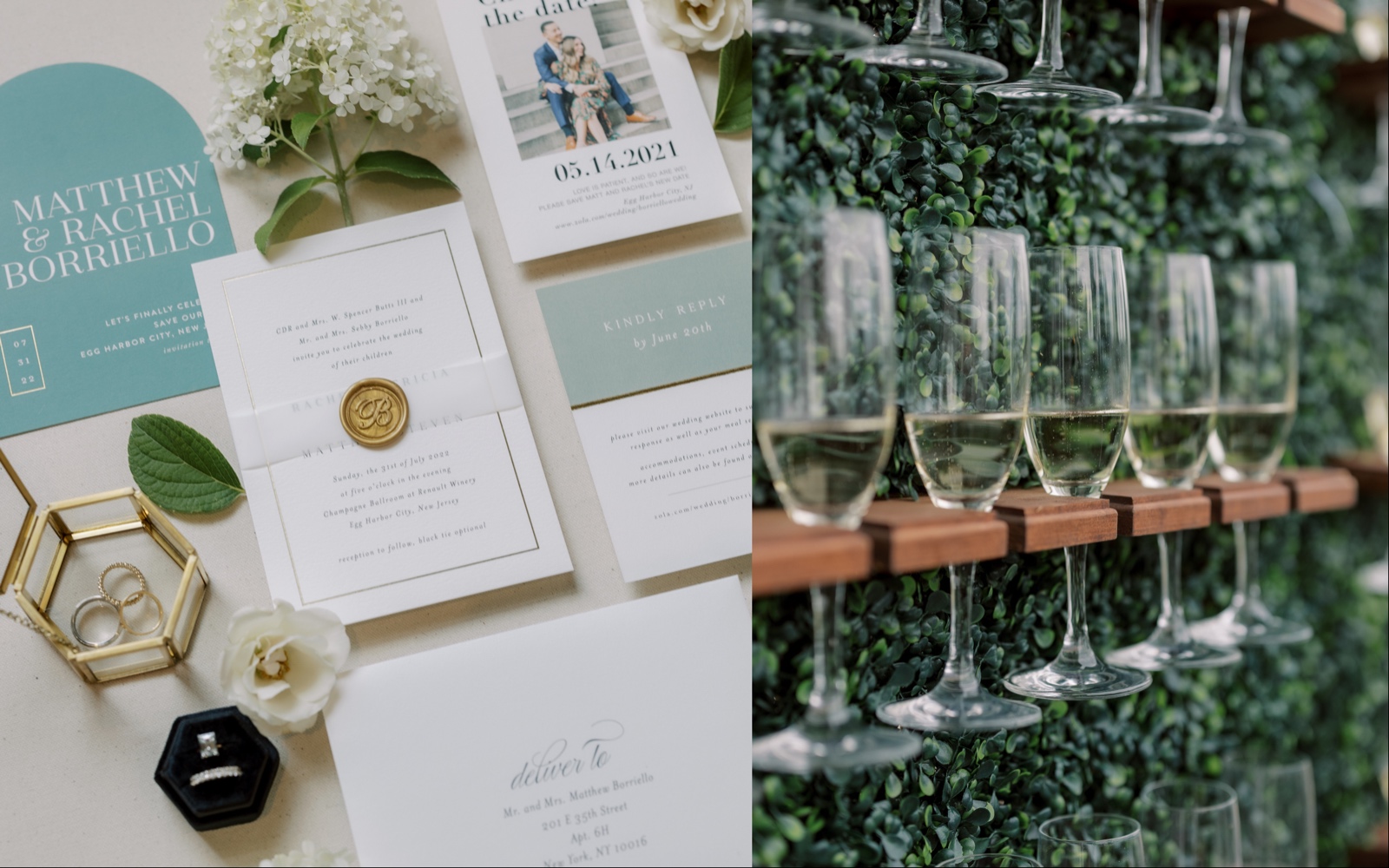 Left, a closeup of the couple's invites and rings, right, a closeup of champagne glasses held in wooden stands on a greenery wall.