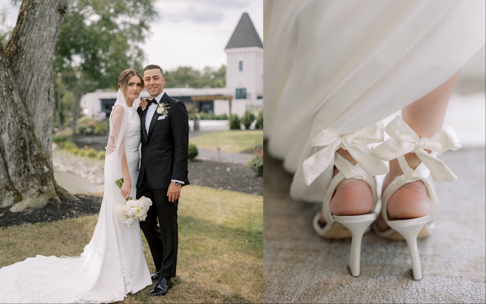 Left, the couple poses for a portrait on the grounds of the property, right, a close up of the back of the brides' shoes featuring thin heels and ribbon bows.