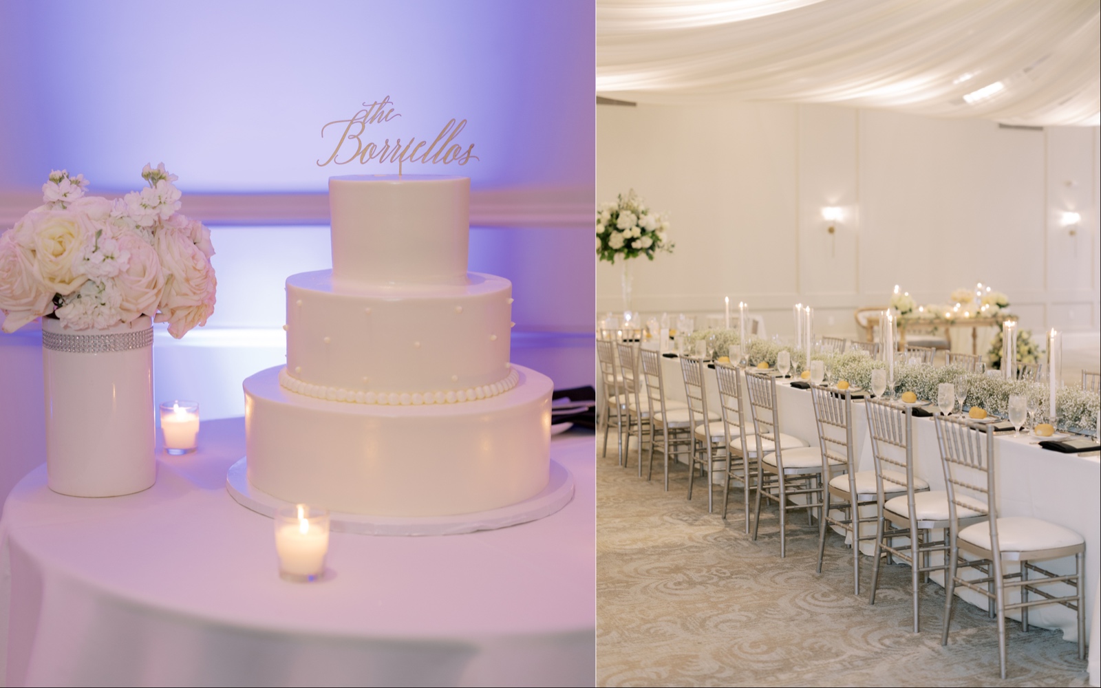 Left, an all-white wedding cake with a topper that read "The Borriellos." Right, the neutral colored ballroom with green and white floral centerpieces and candles.