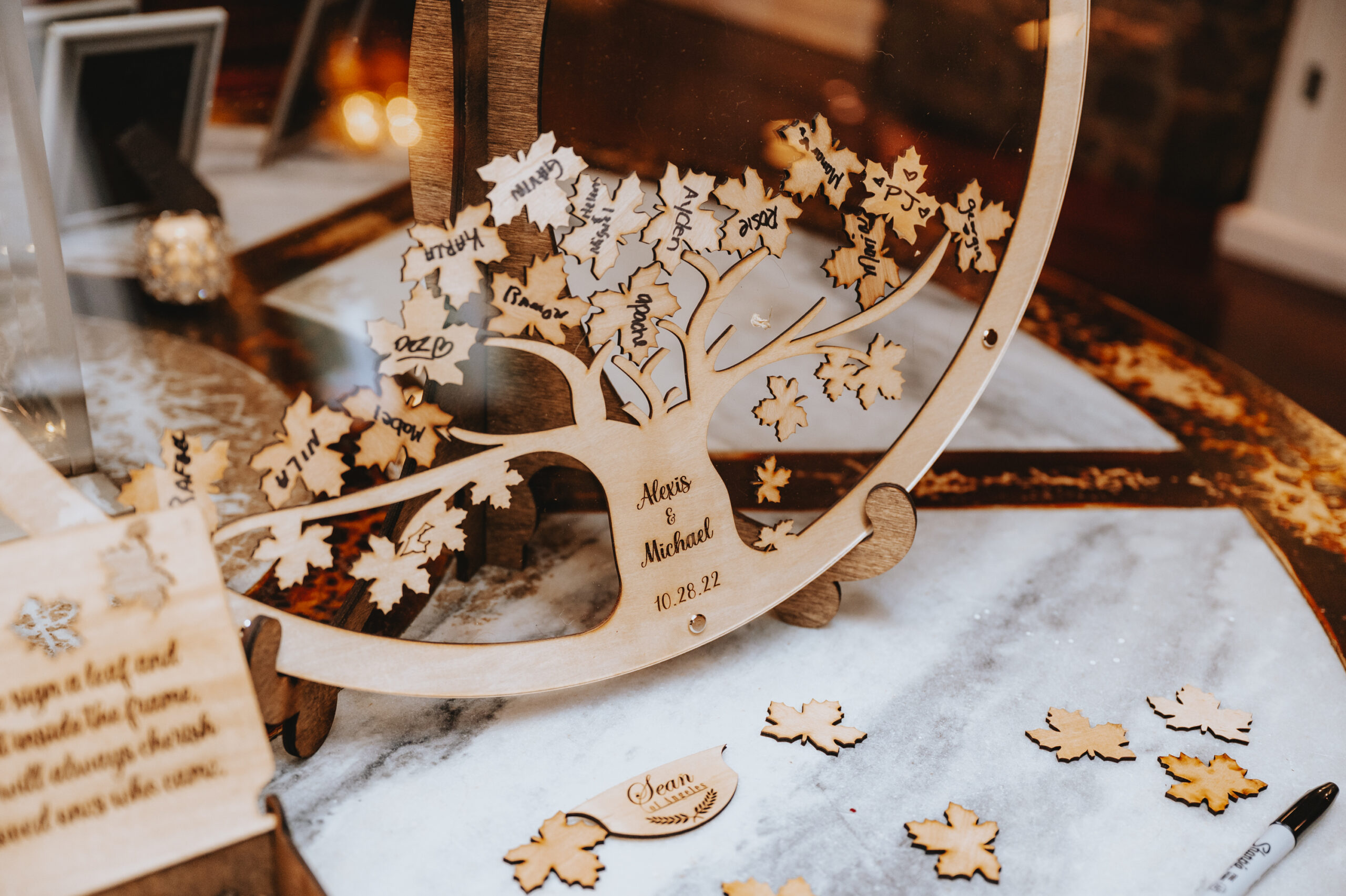 The guest book featured wooden leaves that guests signed and put into a frame to create a family tree at this Hamilton Manor wedding.