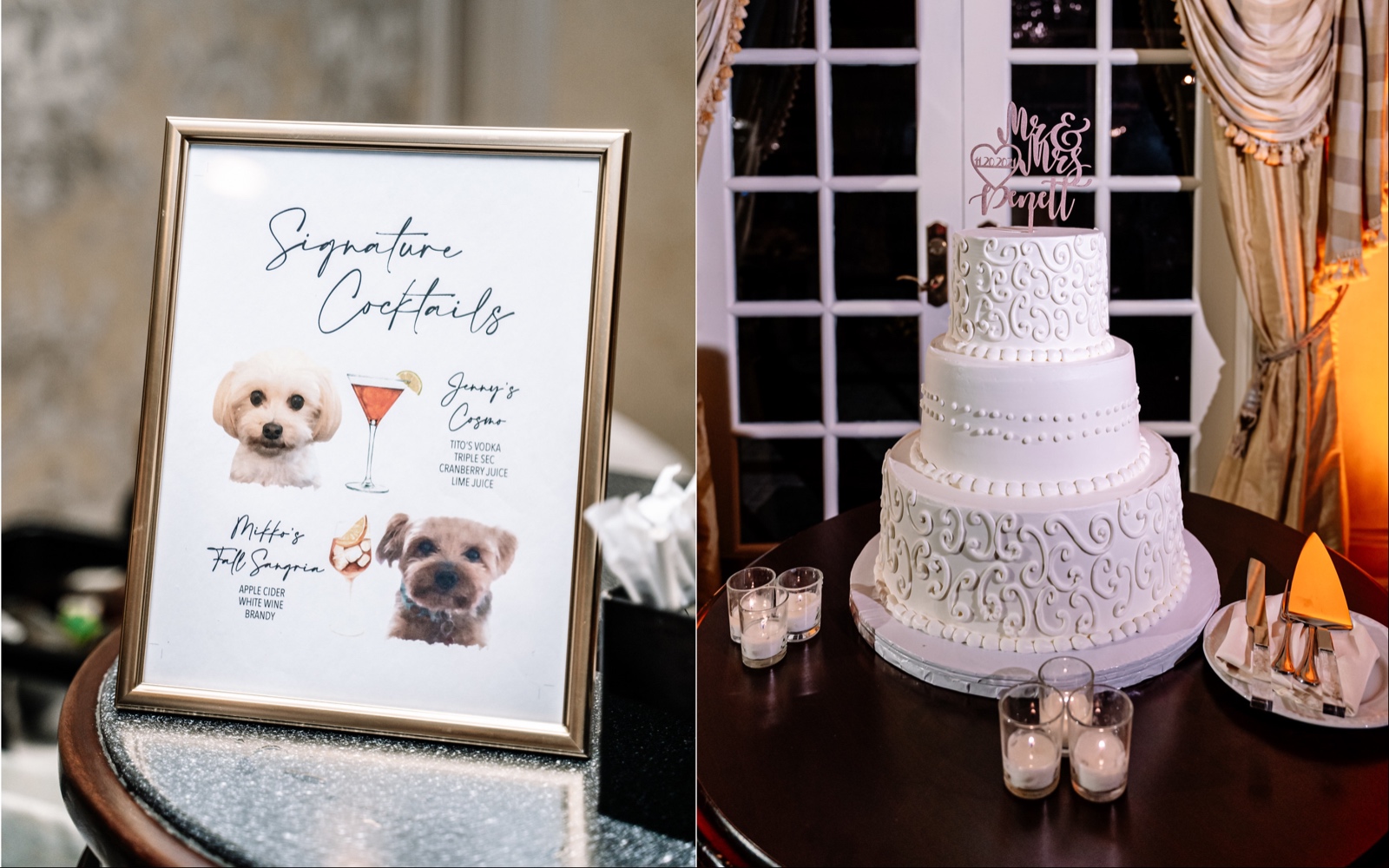 A frame with a description and photos of the couple's signature cocktails in honor of their dogs. On the right, an all-white wedding cake.