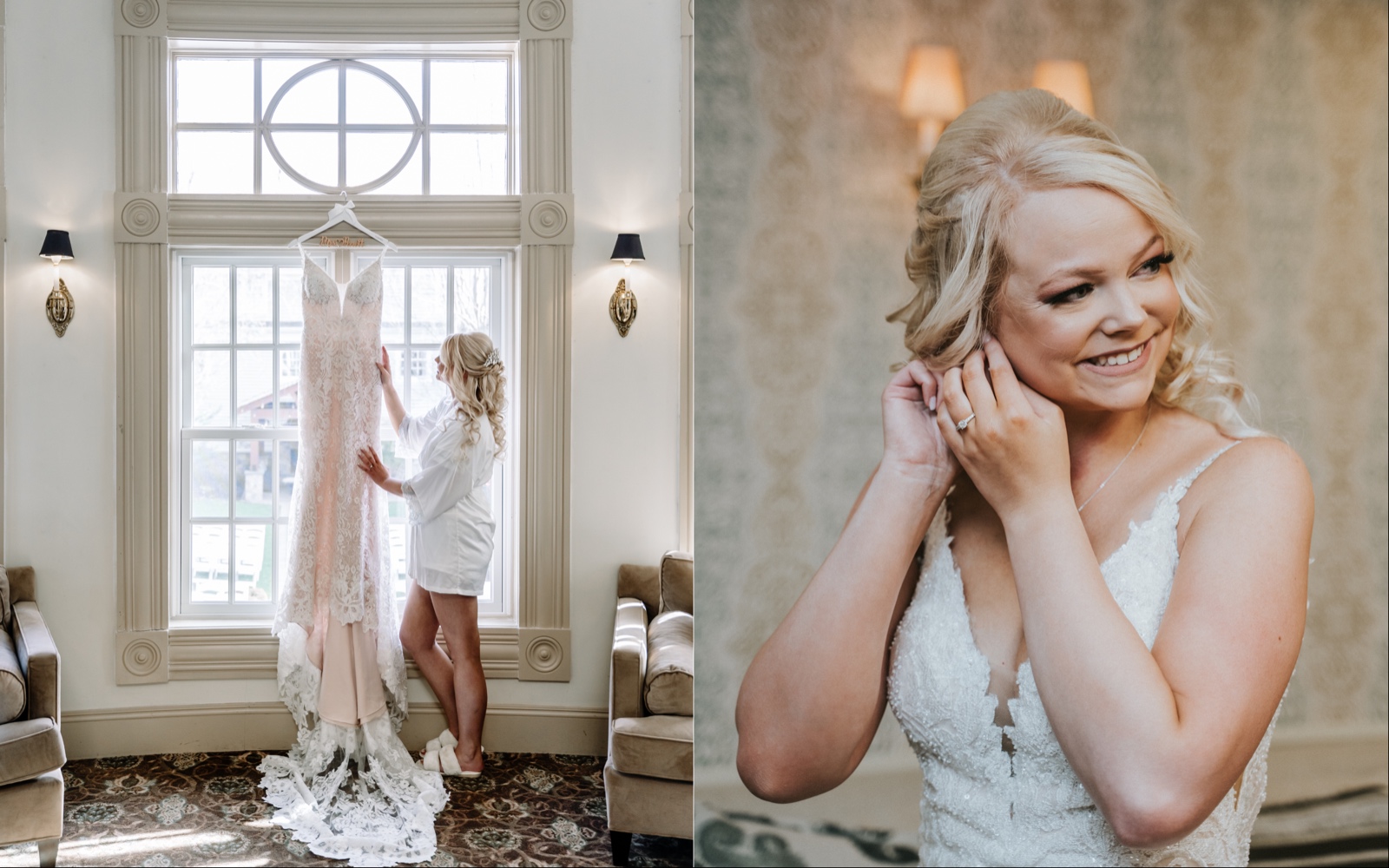 Left, the bride's gown is hung up on a big window and she touches it and gazed at it while wearing her getting-ready robe. Left, a closeup of the bride as she touches her earring and smiles.