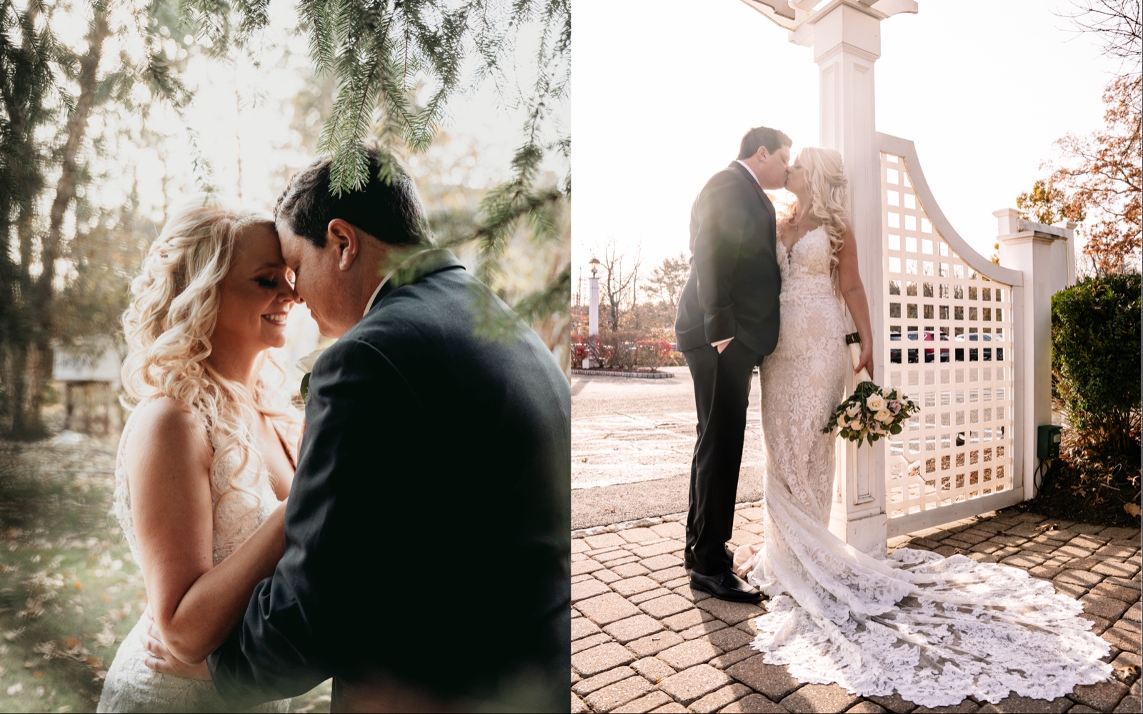 Left, the couple embraces along out side under an evergreen tree in this close up shot. Right, the couple kisses by a white archway.