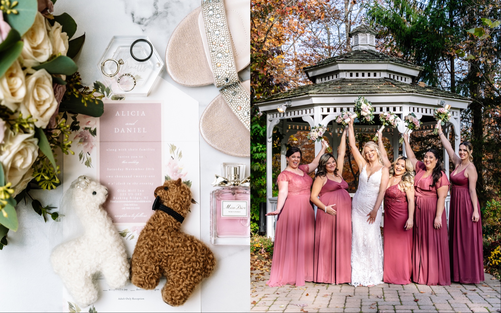 Left, detail shot of shoes, rings, and little stuffed alpacas on top of the wedging invites. Right, the bridesmaids in pink floor-length gowns raise one hand and pose as they flank the bride with a gazebo in the background.