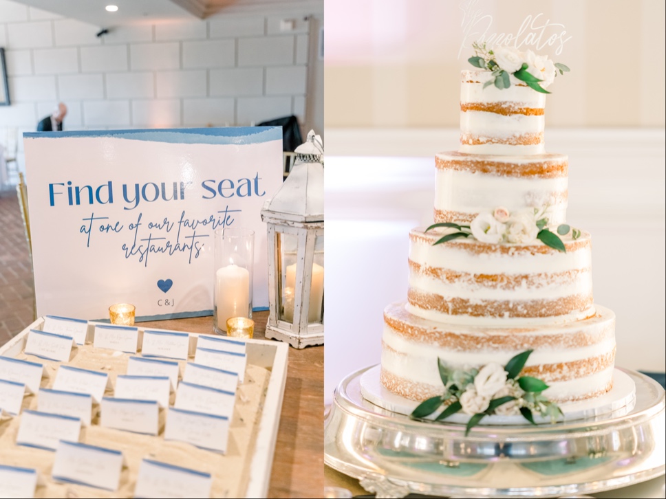For this couple's Mallard Island Yacht Club wedding, they had a seating chart that incorporated a beach theme with place cards that were in a box of sand. Their wedding cake was simple white with some exposed areas. 