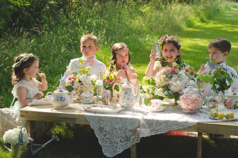 decorating kids' table at wedding