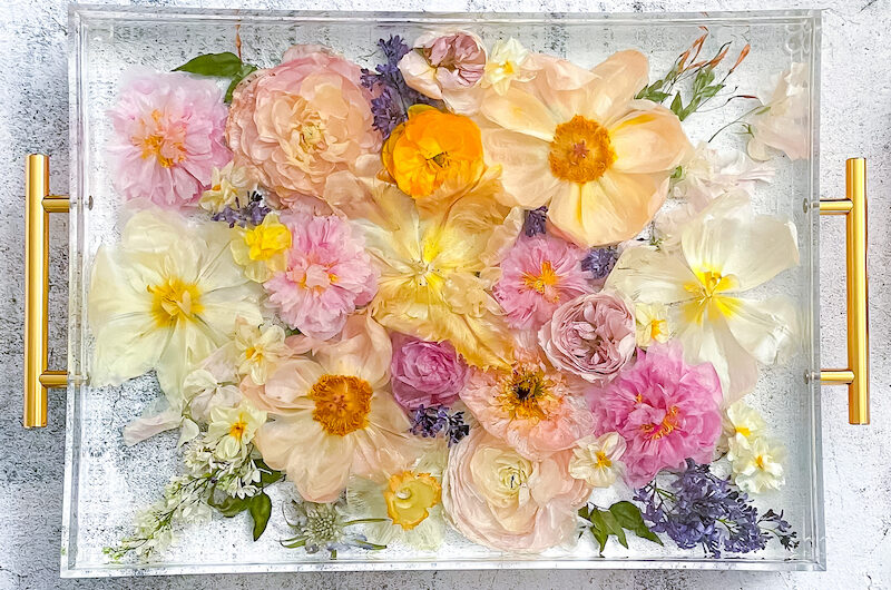 Forever Designs by Vanessa offers floral preservation in New Jersey. This is a resin tray of vibrant flowers.