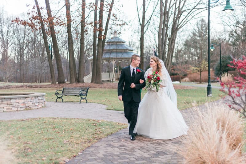 Bride with fur shawl and groom at winter wedding