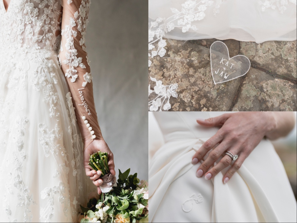 Justin Alexander Warshaw embroidered notes in Kelsey Tuchi's wedding outfits. One, on the arm of her ceremony gown reads "love, yours."