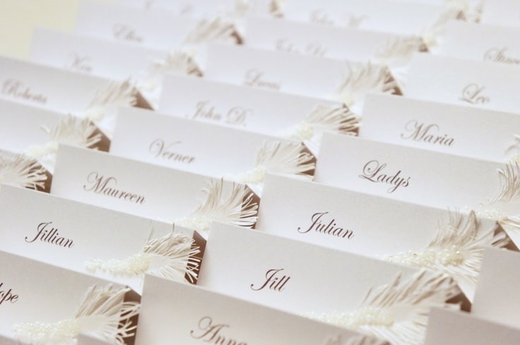New Jersey Bride—Place card with feather.