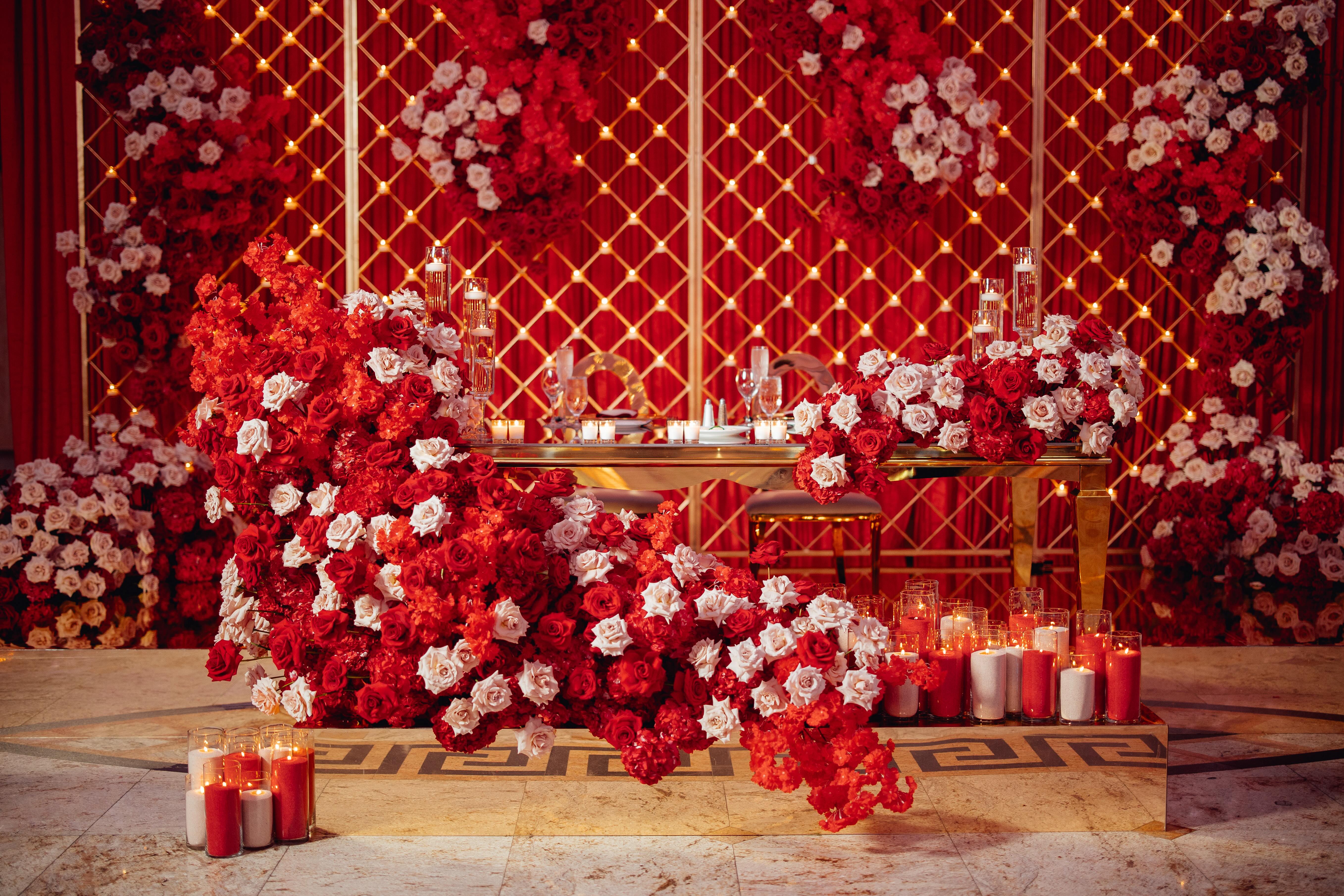 A stunning wedding at the Venetian in New Jersey with a red color scheme.