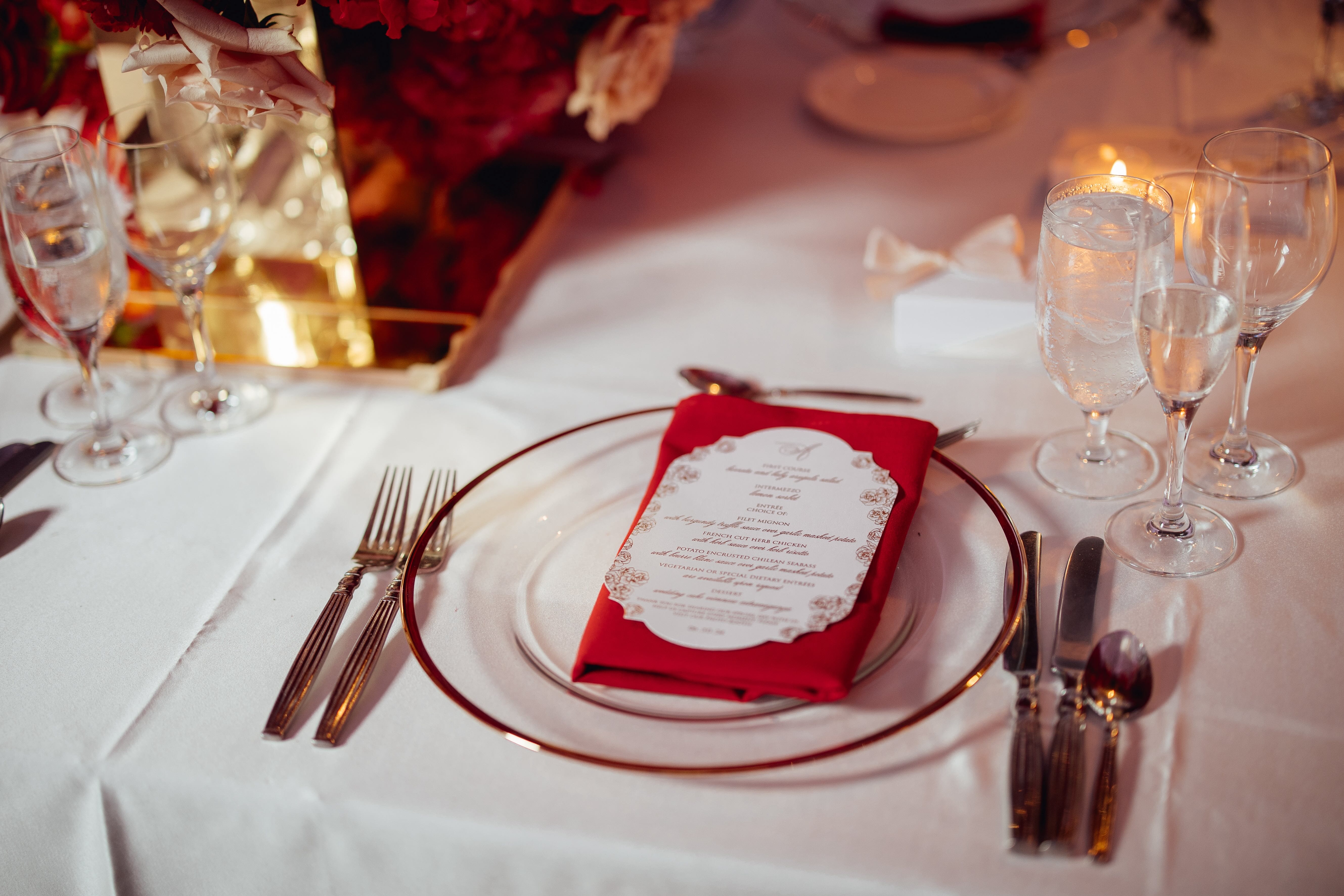 A stunning wedding at the Venetian in New Jersey with a red color scheme.