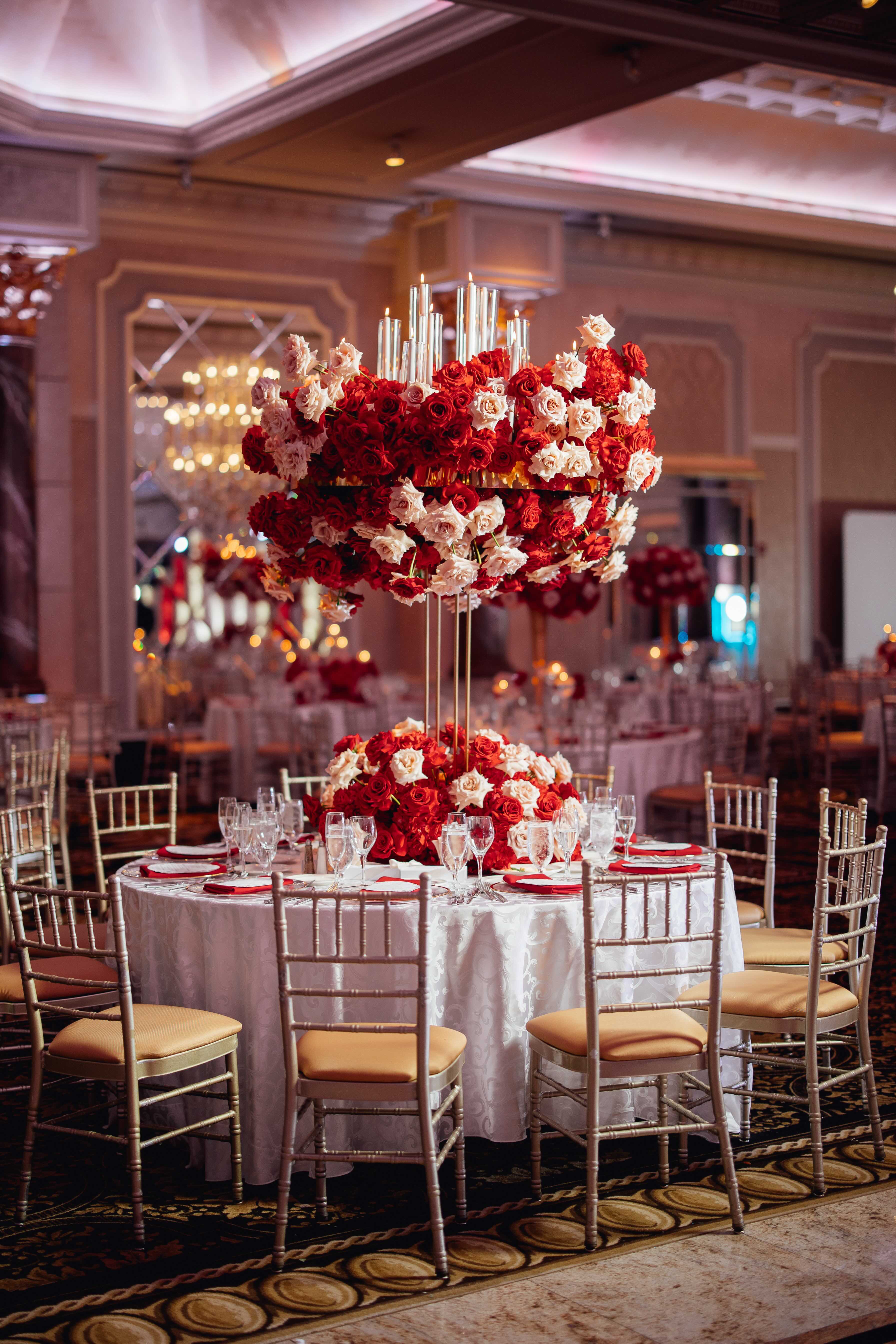 A stunning wedding at the Venetian in New Jersey with a red color scheme.
