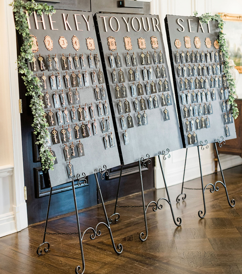Antique keys were used in a seating chart for this wedding at Park Savoy.