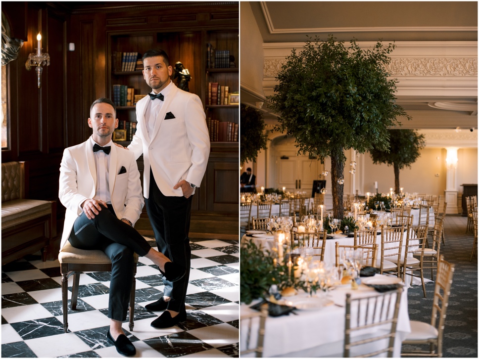 Michael and Garrett pose at their Park Savoy Estate wedding. Right, their centerpieces featured large trees. 