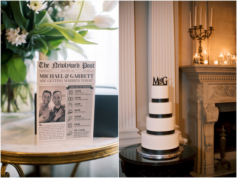 The Newlywed Post outlined their wedding day timeline in a fun way. Right, the black and white cake at their Park Savoy Estate wedding.