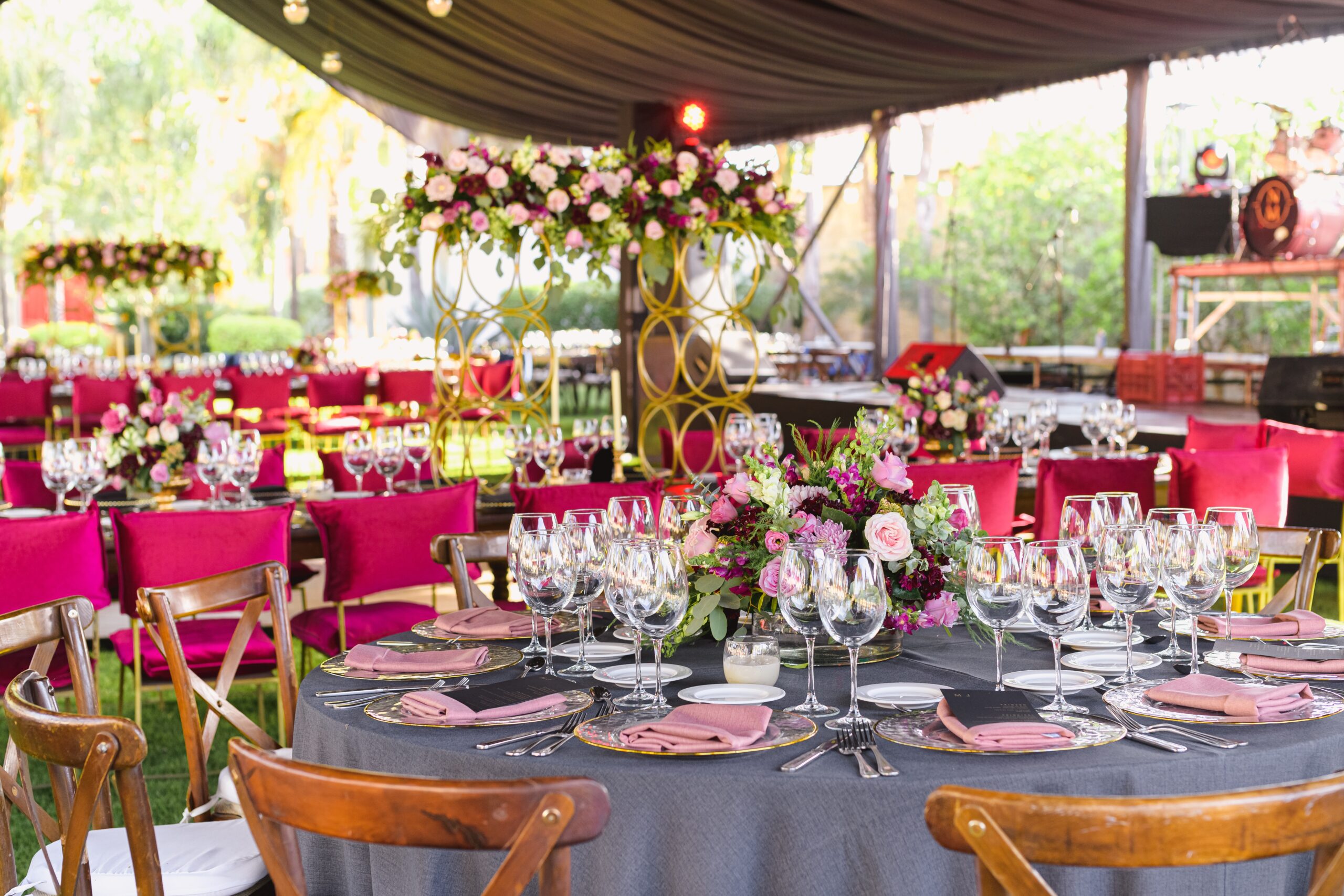 wedding table setting; bright florals