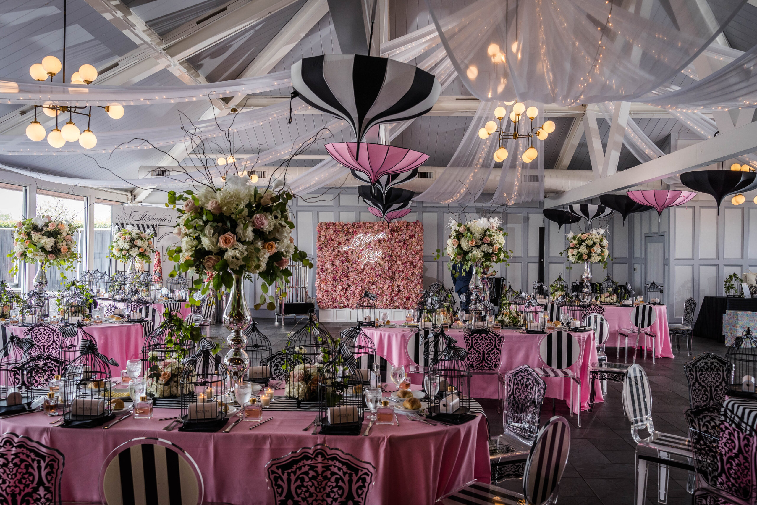 The Liberty House morphed into a Parisian-themed bridal shower with pink and black decor.