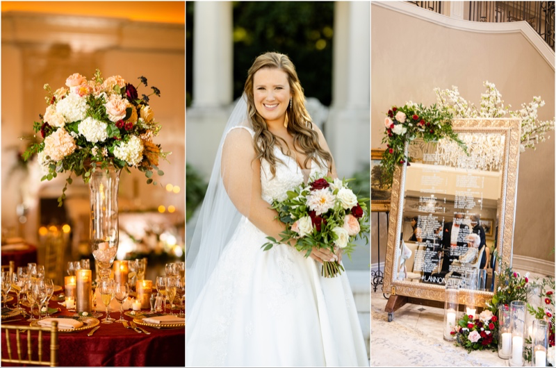 The bride, center, opted for an NJ wedding planner to handle the details of her big day at Park Chateau. Left, her tall vase centerpieces. Right, her mirror seating chart with florals.